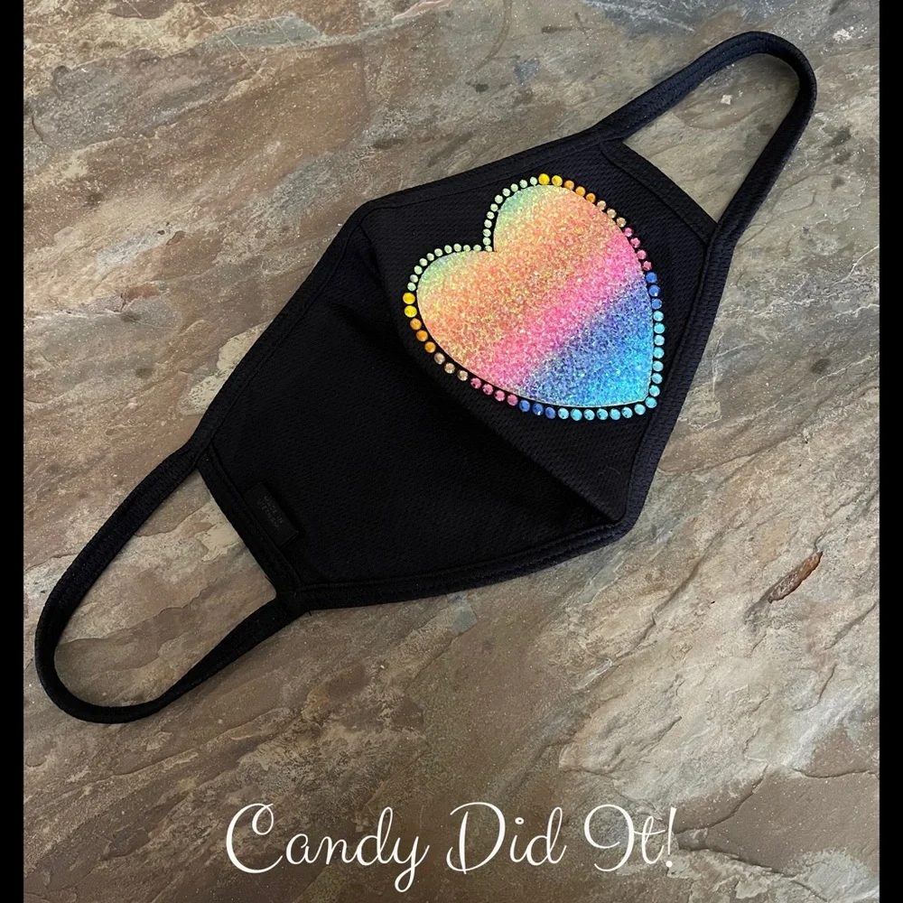 NWT Handmade Candy Did It! Rainbow Heart Bling Black Double Layer Face Mask